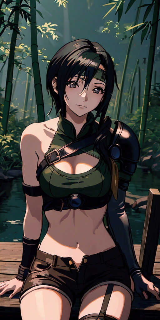 (((masterpiece))),((Highest quality、masterpiece、anime style、best quality、high resolution、8k、detailed、ultra-detailed:1.3)),(((Beautiful one woman:1.3))),((yuffie kisaragi,Black Hair、Shortcuts,Beautiful Eyes:1.3)), headband, green crop top, shoulder armor, armguard, fingerless gloves, tan shorts, single thighhigh, fishnets, upper body, looking at viewer, furrowed brow, smug smile, closed mouth, grass, bamboo, sky,sexy pose,outdoor,Daytime