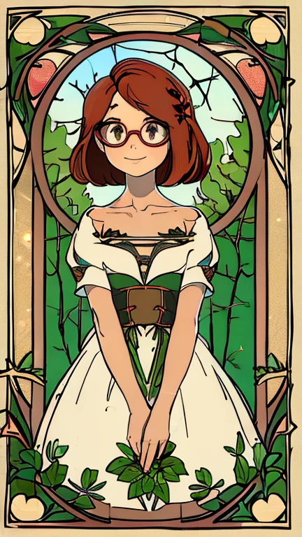 (1girl, solo, highly insanely detailed, masterpiece, top quality, best quality, highres, 4k, 8k, RAW photo),((innocent look)),((Childish)),From the front, symmetrical composition,smile,cute,Innocent,Kind eyes,Flat chest,ArsMJStyle, Art Nouveau Style, forest, vines, (sanchez), (black eyes,red hair,brown hair,glasses),
(v1nedr3ss)