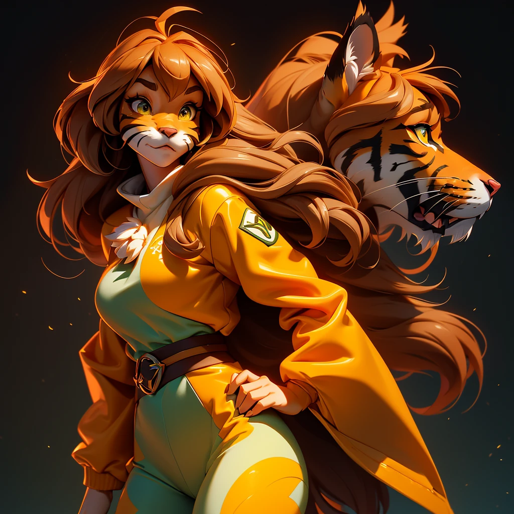 envision a 8k, highres, cinematic, beautiful extreme close up face Pinup of a cute furry female anthro, with a slender muscular body, long brown hair, long bangs, yellow eyes, Orange and White Fur, Tiger Stripes, Green Jacket, ((((! Girl)))), ((Flora Twokinds)), in dark lighting, against a dark gray background