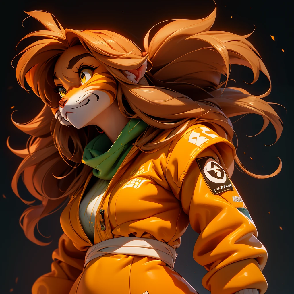 envision a 8k, highres, cinematic, beautiful extreme close up face Pinup of a cute furry female anthro, with a slender muscular body, long brown hair, long bangs, yellow eyes, Orange and White Fur, Tiger Stripes, Green Jacket, ((((! Girl)))), ((Flora Twokinds)), in dark lighting, against a dark gray background