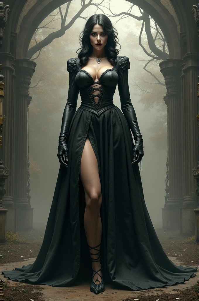 character design, Beautiful woman, with black dress style nier automata, View from the floor, with the style of Akihiko Yoshida