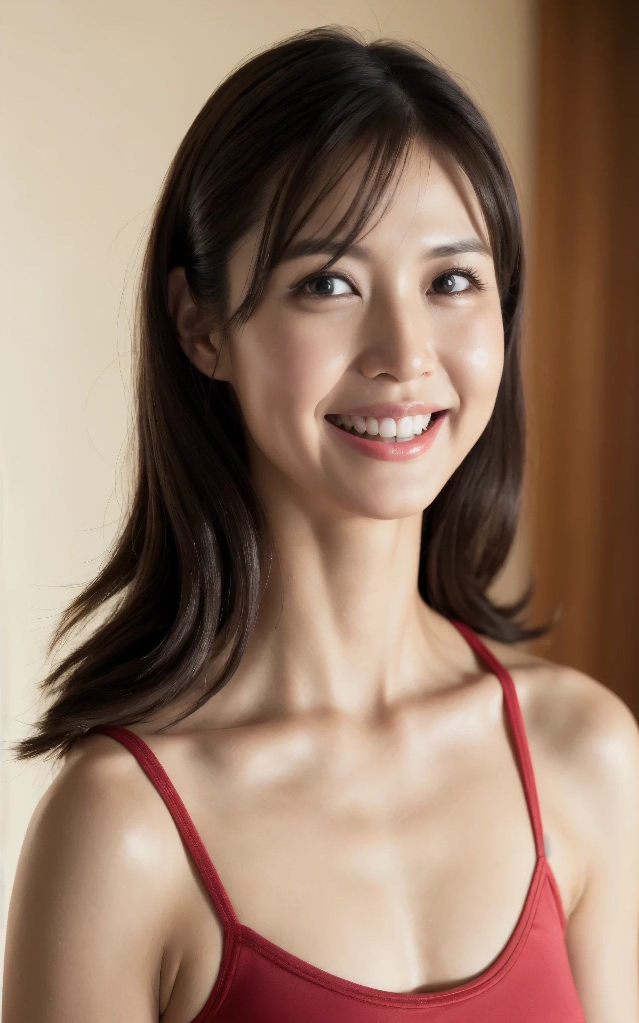 high quality, In 8K, Masseter muscle area, Lifelike, Sharp focus, high quality, High resolution, Detailed face, Detailed thick eyes, Thick lips, sweaty shiny skin:1.5, wet hair, solo, Middle-aged women, 5, Wavy long Hair, Cleavage, Wearing a plain sports bra, Background Blur, in room, Wrinkles around the eyes, Toothy smile