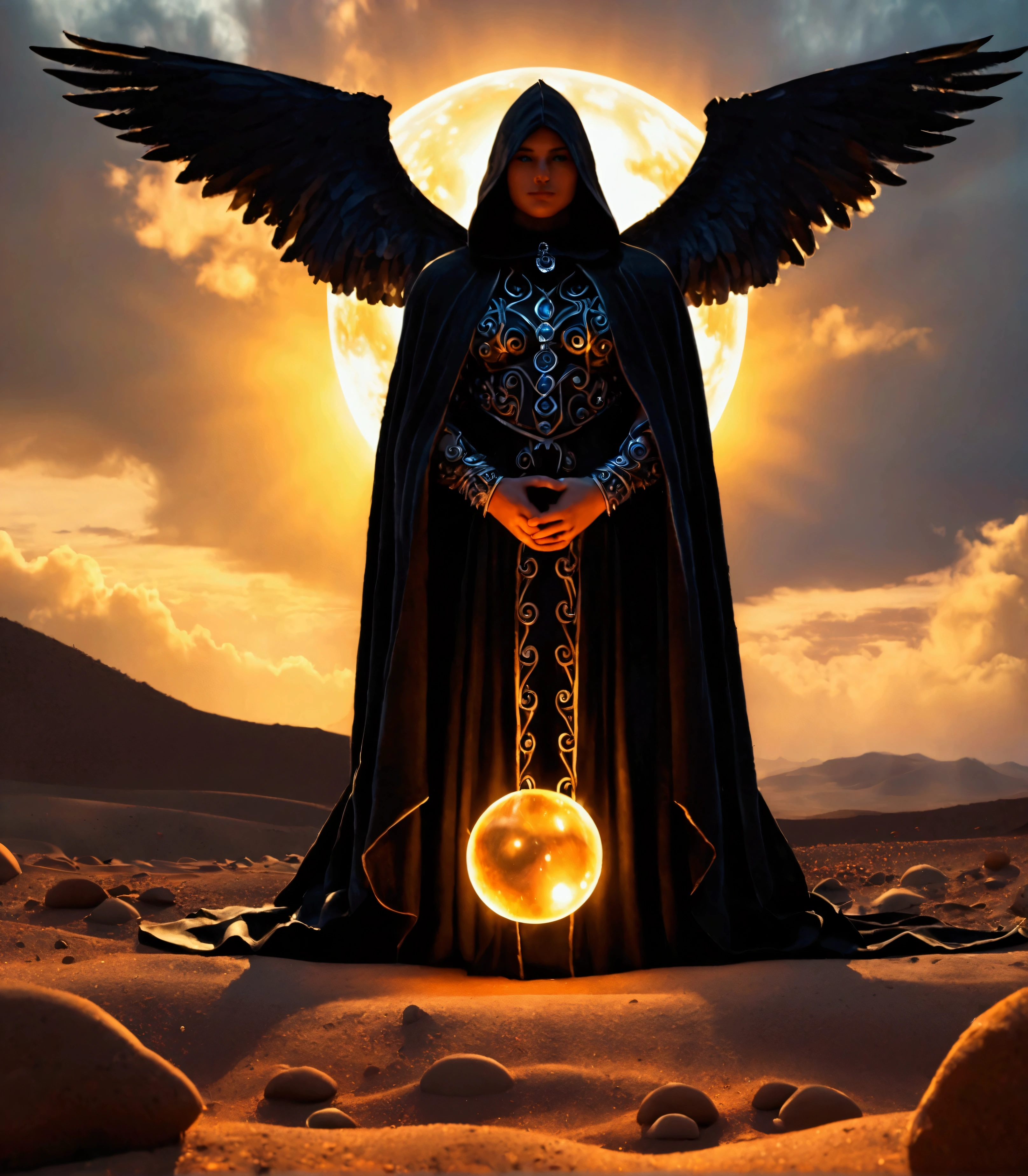 Surreal fantasy artwork featuring a central figure with a hooded cloak and large, intricately detailed, anatomically correct wings, standing in front of an ornate, gothic-style throne. The figure's face is obscured by the hood, adding an air of mystery. They hold a glowing, fiery orb in their hands, with vibrant, high-contrast lighting. Flanking the figure are two black, muscular dogs with pointed ears, each wearing a detailed harness. The background is a vast, arid desert landscape under a sky with scattered clouds, creating a stark contrast with the detailed and dark elements of the central subjects. The overall color palette includes warm desert tones and dark, shadowy hues, with a focus on high-resolution, super-detailed textures and intricate patterns.