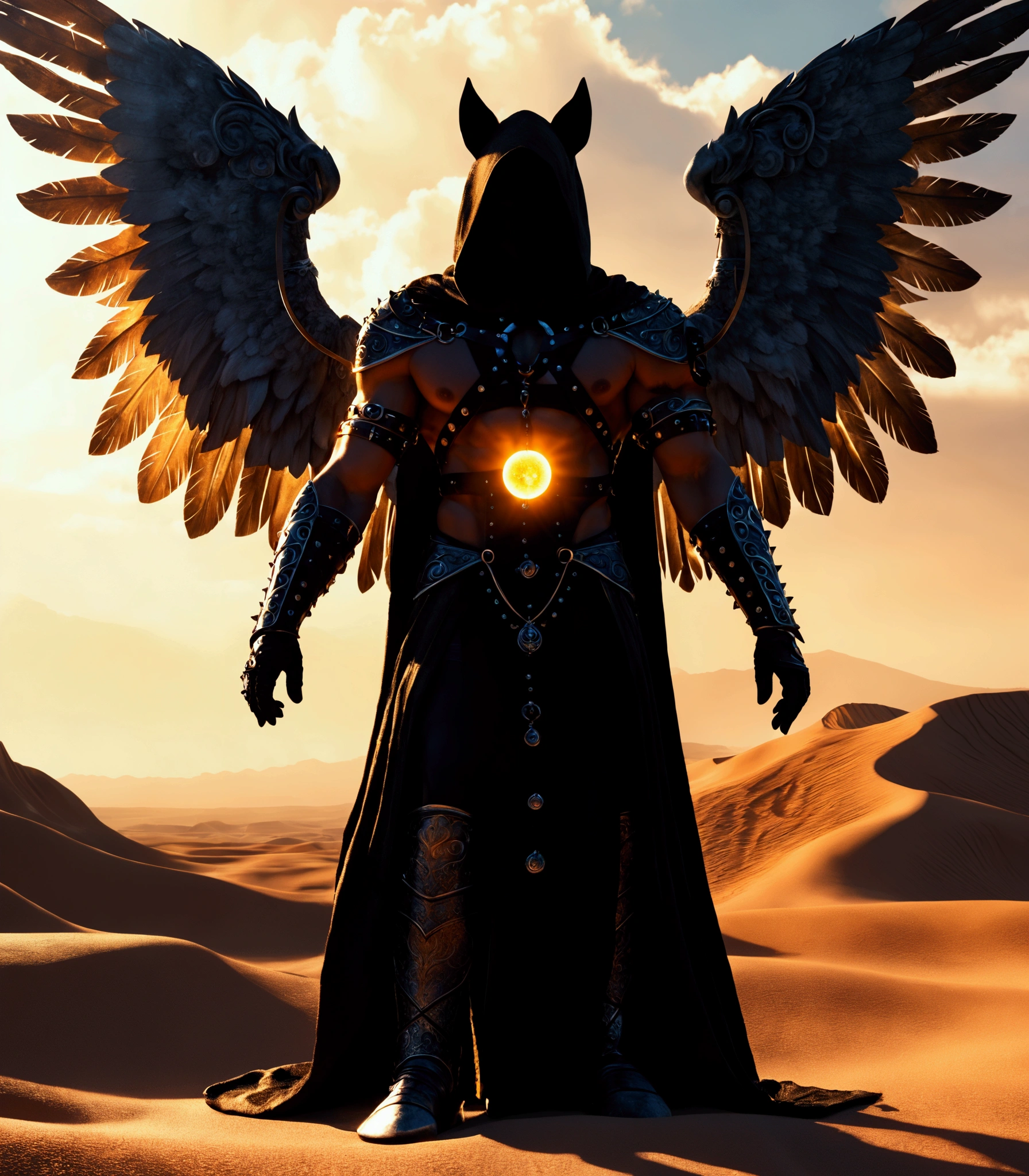 Surreal fantasy artwork featuring a central figure with a hooded cloak and large, intricately detailed, anatomically correct wings, standing in front of an ornate, gothic-style throne. The figure's face is obscured by the hood, adding an air of mystery. They hold a glowing, fiery orb in their hands, with vibrant, high-contrast lighting. Flanking the figure are two black, muscular dogs with pointed ears, each wearing a detailed harness. The background is a vast, arid desert landscape under a sky with scattered clouds, creating a stark contrast with the detailed and dark elements of the central subjects. The overall color palette includes warm desert tones and dark, shadowy hues, with a focus on high-resolution, super-detailed textures and intricate patterns.