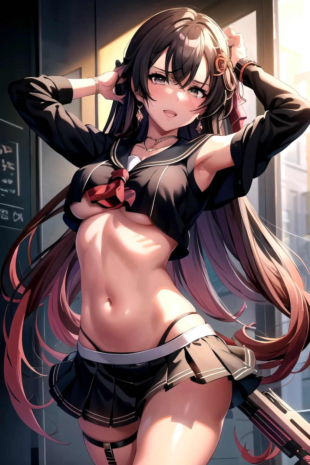 coashano, jewelry, earrings, parted lips, necklace, shiny hair, bracelet, makeup, long hair, medium breast , Hot girl, baddie, bad attitude, mean girl, crazy, smoking, sensual, attractive, blush, lipstick, masterpiece, best quality, highly detailed, a anime girls in sailor uniforms with a gun posing for a picture,
evil smile, smile, open mouth,black_serafuku, ecchi anime style, anime girls , (nsfw) not safe for work,
ecchi style, ecchi, shipgirls, digital anime art!!, high school girls, holding a gun, hold a gun, anime style 4
k, micro skirt, exposed belly, exposed navel, exposed midriff, holding pistol,underboob,
exposed lower belly,school, classroom,