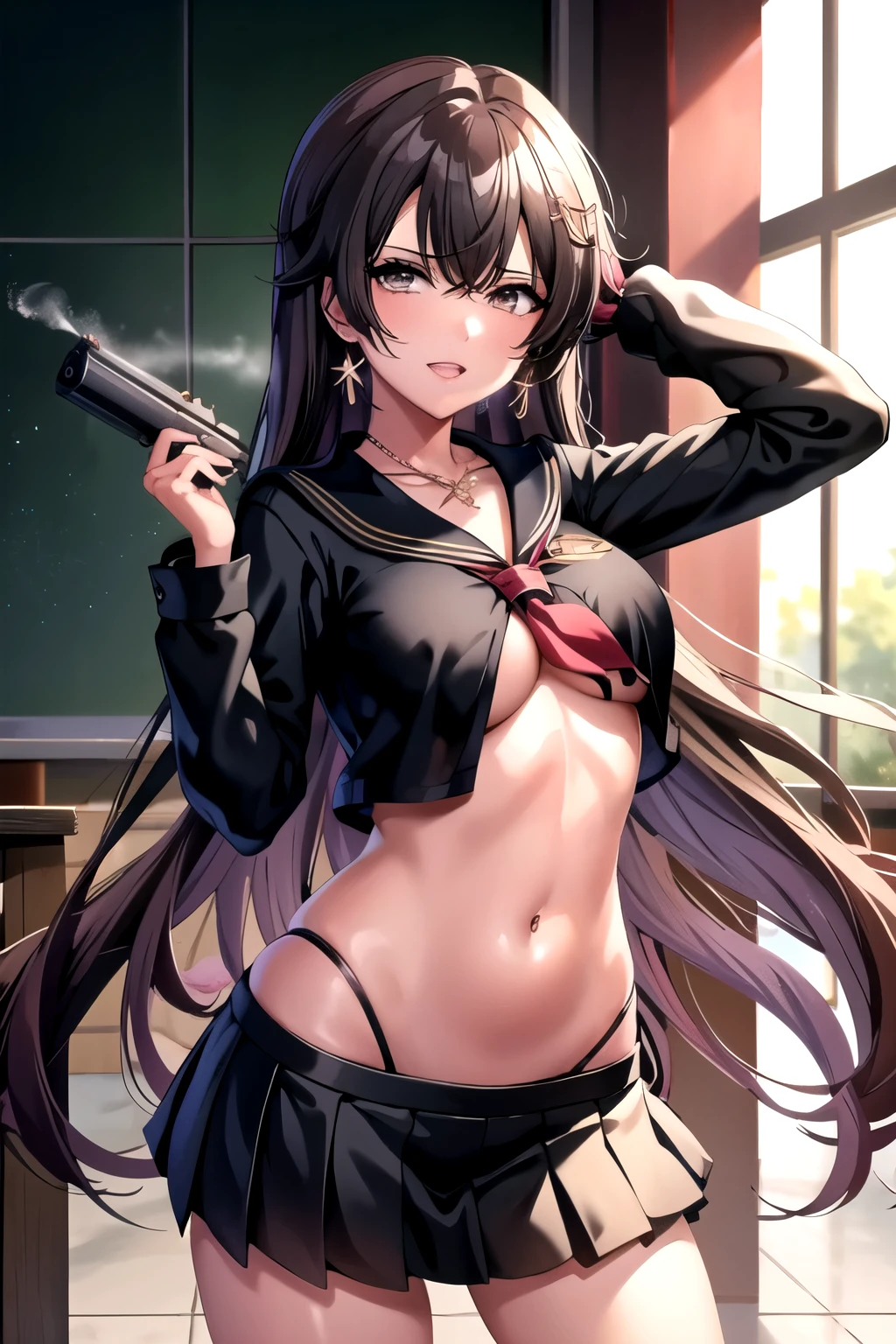 coashano, jewelry, earrings, parted lips, necklace, shiny hair, bracelet, makeup, long hair, medium breast , Hot girl, baddie, bad attitude, mean girl, crazy, smoking, sensual, attractive, blush, lipstick, masterpiece, best quality, highly detailed, a anime girls in sailor uniforms with a gun posing for a picture,
evil smile, smile, open mouth,black_serafuku, ecchi anime style, anime girls , (nsfw) not safe for work,
ecchi style, ecchi, shipgirls, digital anime art!!, high school girls, holding a gun, hold a gun, anime style 4
k, micro skirt, exposed belly, exposed navel, exposed midriff, holding pistol,underboob,
exposed lower belly,school, classroom,