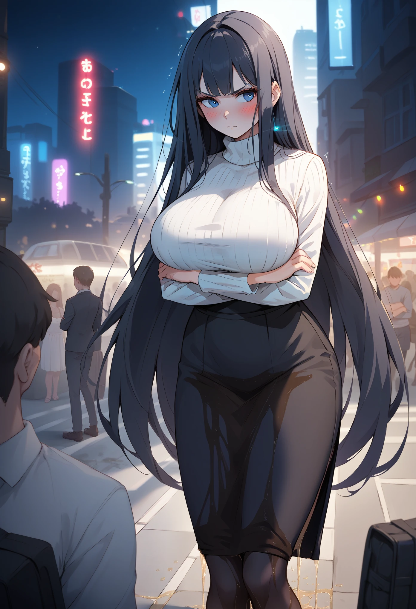 1girl, woman, (wetting self:1.5), desperation, (very long hair:1.5), straight hair, medium bangs, huge breasts, black hair, blue eyes, turtleneck sweater, black tights, cleavage, (blushing:1.5), humiliation, angry, trembling, (arms crossed:1.5), city, street, crowd, night, futuristic, colorful lights, colorful city, (saturated:1.5)