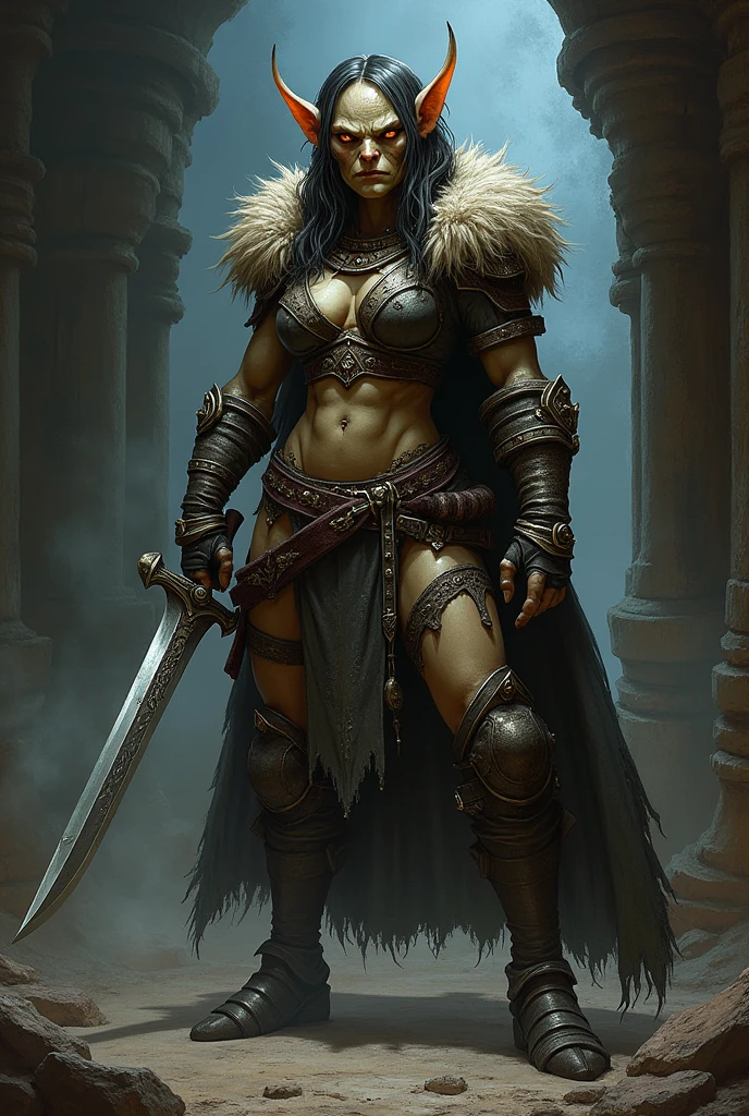 a woman with a sword and a skull, rpg character art, rpg portrait full body, d & d style full body portrait, fantasy d&d character, north adult female warrior, from pathfinder, intricate details, highly detailed, 8k, hyperrealistic, cinematic lighting, dramatic lighting, moody atmosphere, warm colors, vibrant colors, cinematic composition, heroic pose, powerful expression, deadly elegance, masterpiece