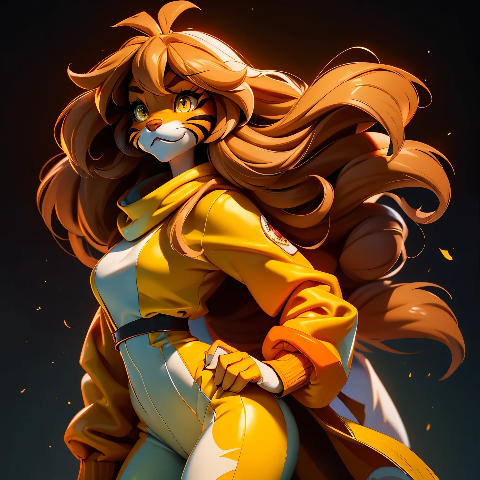envision a 8k, highres, cinematic, beautiful extreme close up face Pinup of a cute furry female anthro, with a slender muscular body, long brown hair, long bangs, yellow eyes, Orange and White Fur, Tiger Stripes, Green Jacket, ((((! Girl)))), ((Flora Twokinds)), in dark lighting, against a dark gray background