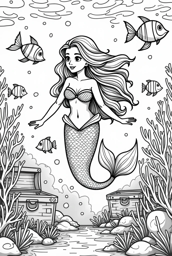 printable black and white adult coloring page featuring a sexy mermaid, clean line art, nsfw, limited shading, Thick lines