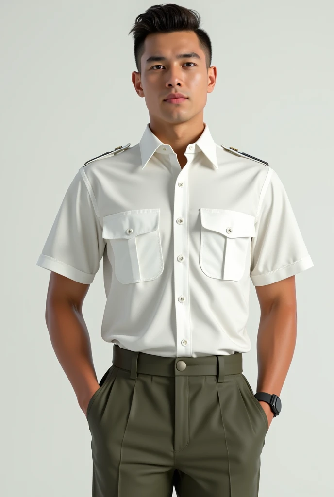 A police man wearing a white and green mix up shirt. he is looking so cool with is white pant. a white police cap on his head.
