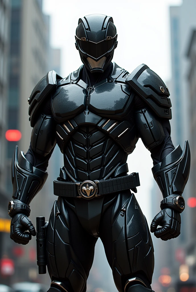 Full body photorealistic handsome hunky masculine black Power Ranger,,unreal engine, extremely attractive male wearing black and silver scales transparent mesh bodysuit, with embosed " star " on the chest, with belt and gloves and helmet,,,extremely masculine physique, intricately detailed metal body armour, super bulge, realistic skin, in action, fantasy background