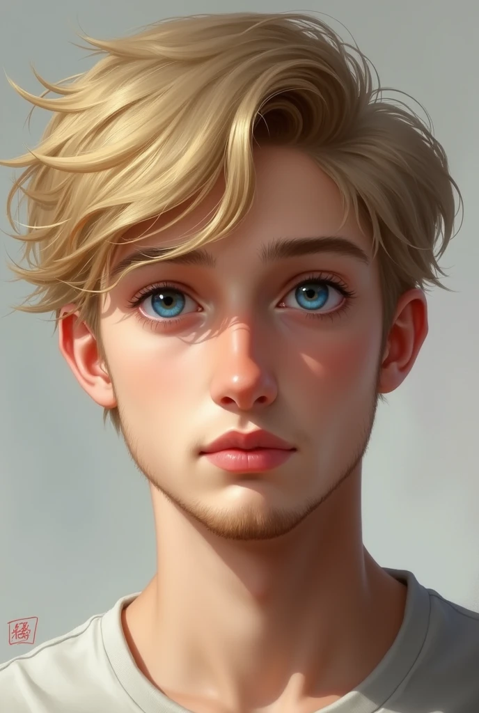 show me a blond boy with blue eyes, marked jaw and a little beard, a little whiter than the face, not so big, with the hair on the side but with strands falling