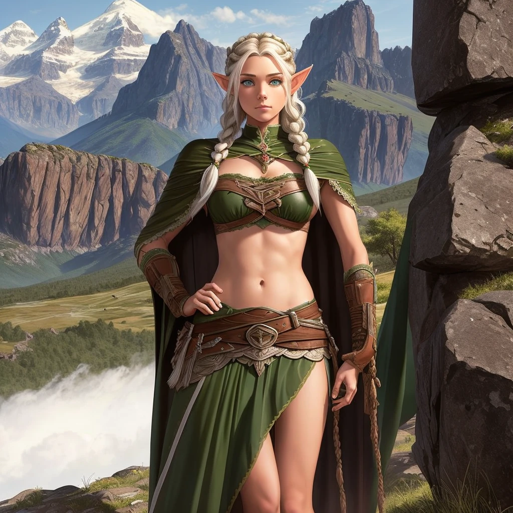 FULL BODY, perfect face, pretty face, elf, 1girl, gritty, mountains, front braid, side braid, white hair, green eyes, brown leather armor, bare arms, (bare stomach),  (bare pelvis) , short cloak,