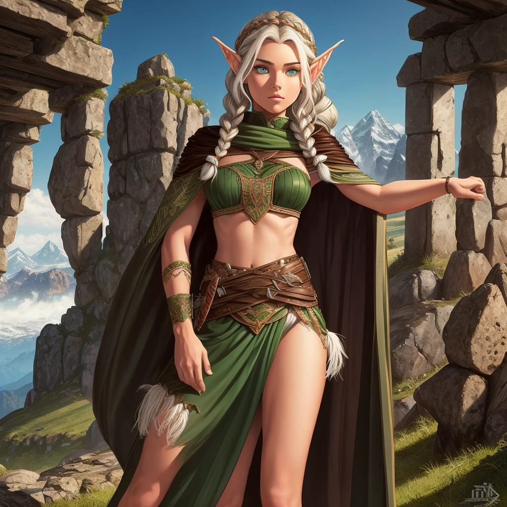 FULL BODY, perfect face, pretty face, elf, 1girl, gritty, mountains, front braid, side braid, white hair, green eyes, brown leather armor, bare arms, (bare stomach),  (bare pelvis) , short cloak,