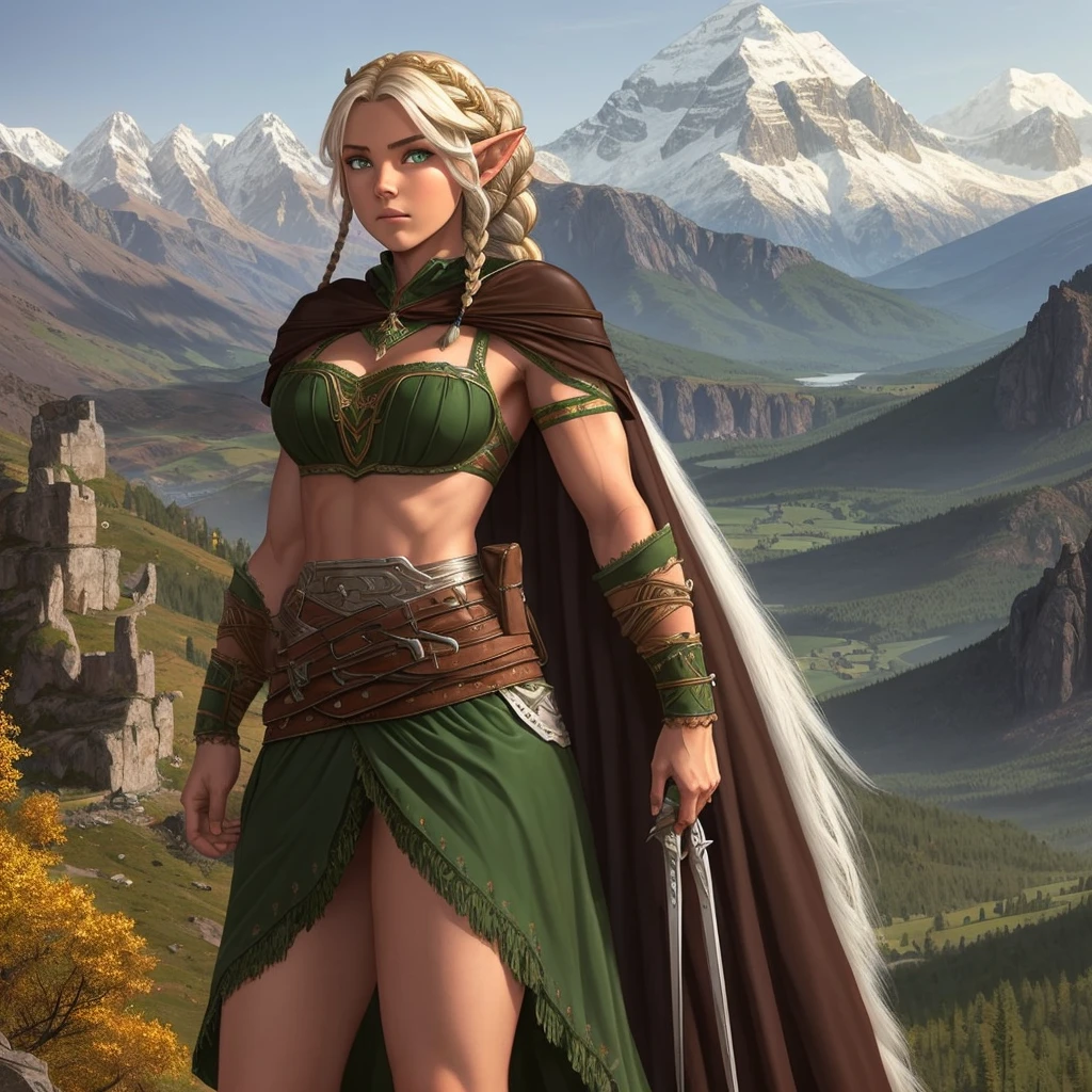 FULL BODY, perfect face, pretty face, elf, 1girl, gritty, mountains, front braid, side braid, white hair, green eyes, brown leather armor, bare arms, (bare stomach),  (bare pelvis) , short cloak,