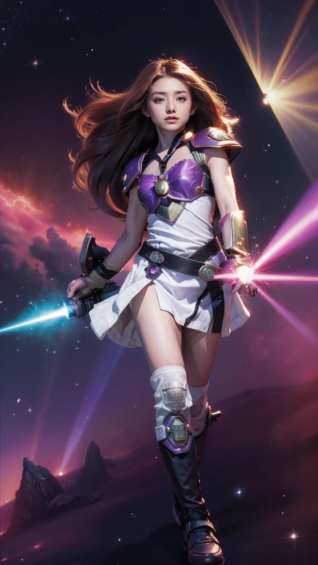 (1girl) inconceivable and spectacular an emergency scene of a cloud figure Sophie Turner in a 宇宙の cloud, フラクタルnebula連鎖, Space Goddess,Embodying the Purple Ray of Courtesy, 8k、Black Hair、A goddess in purple armor with gold trim、White Skirt、White boots、Holding a small knife、Multi-stage laser light、Level division、nebula、The power to select stars、High pass filter、Emitting energy through a prism、Valkyrie