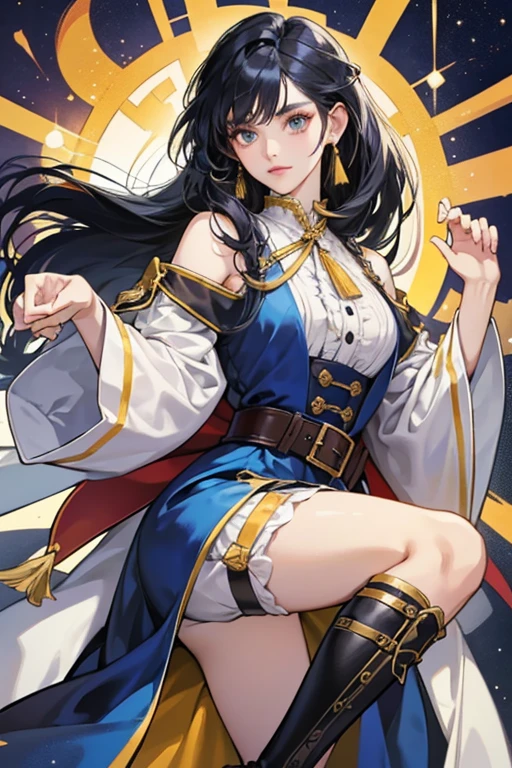 She has long dark blue hair with a lighter blue streak styled in a low ponytail with some of her hair partially covering her right eye and bright purple eyes.
Clorinde's outfit consists of a white dress shirt, a purple ribbon with gold and light blue accents that sits on her chest with her Electro Vision at the center, and white gloves. She also wears a black corset-like piece, which has a light blue inner part and four golden buttons, black, a high-waisted pencil skirt worn over nylon tights, black thigh garters on her legs, and black and white ankle-length heeled boots. Clorinde also wears muted blue, water droplet-shaped earrings and a bycocket hat. Over her uniform is a short blue cape with epaulets that hangs off her shoulders. A longer patterned blue cape with gold tassels hangs off her left shoulder and reaches past her knees. SPARKLE; GLITTER
