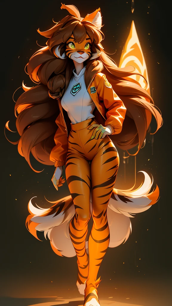 envision a 8k, highres, cinematic, beautiful full body Pinup of a cute furry female anthro, with a slender muscular body, long brown hair, long bangs, yellow eyes, Orange and White Fur, Tiger Stripes, Green Jacket, ((((! Girl)))), ((Flora Twokinds)), in dark lighting, against a dark gray background