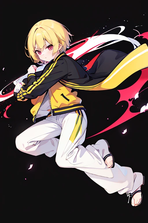 yellow letterman jacket, yellow hair, red eyes, black long pants, full body, high quality, run way, White background,