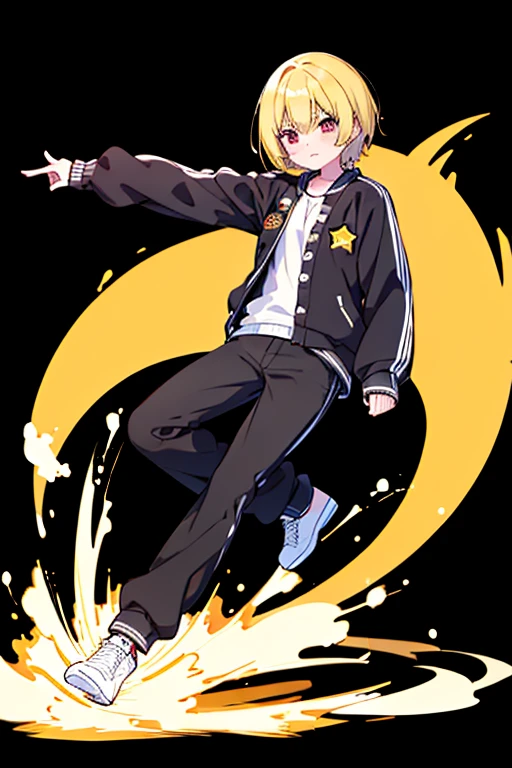 yellow letterman jacket, yellow hair, red eyes, black long pants, full body, high quality, run way, White background,