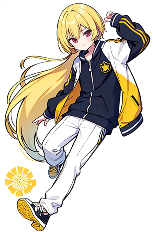 yellow letterman jacket, yellow hair, red eyes, white long pants, full body, high quality, run way, White background,