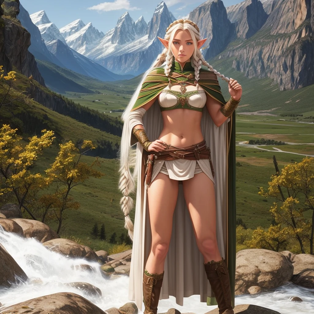 FULL BODY, perfect face, pretty face, elf, 1girl, gritty, mountains, front braid, side braid, white hair, green eyes, brown leather armor, bare arms, (bare stomach),  (bare pelvis) , short cloak,