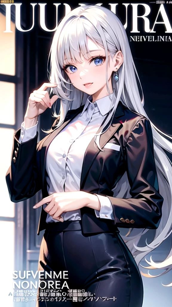 (Highest quality, High resolution, Very detailed), 1 female, Silver Hair, Long Hair, Reddish brown eyes, suits skirt, blazer, lace thong, Large Breasts, secretary, 24th generation, Beautiful woman, mature, thin, quiet, Calm, Large Breasts, A small smile, office,