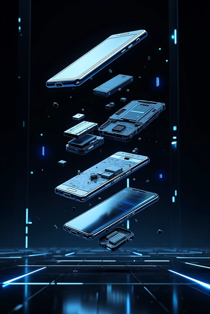 Digital futuristic cell phones disassembling futuristic black background with technology lines