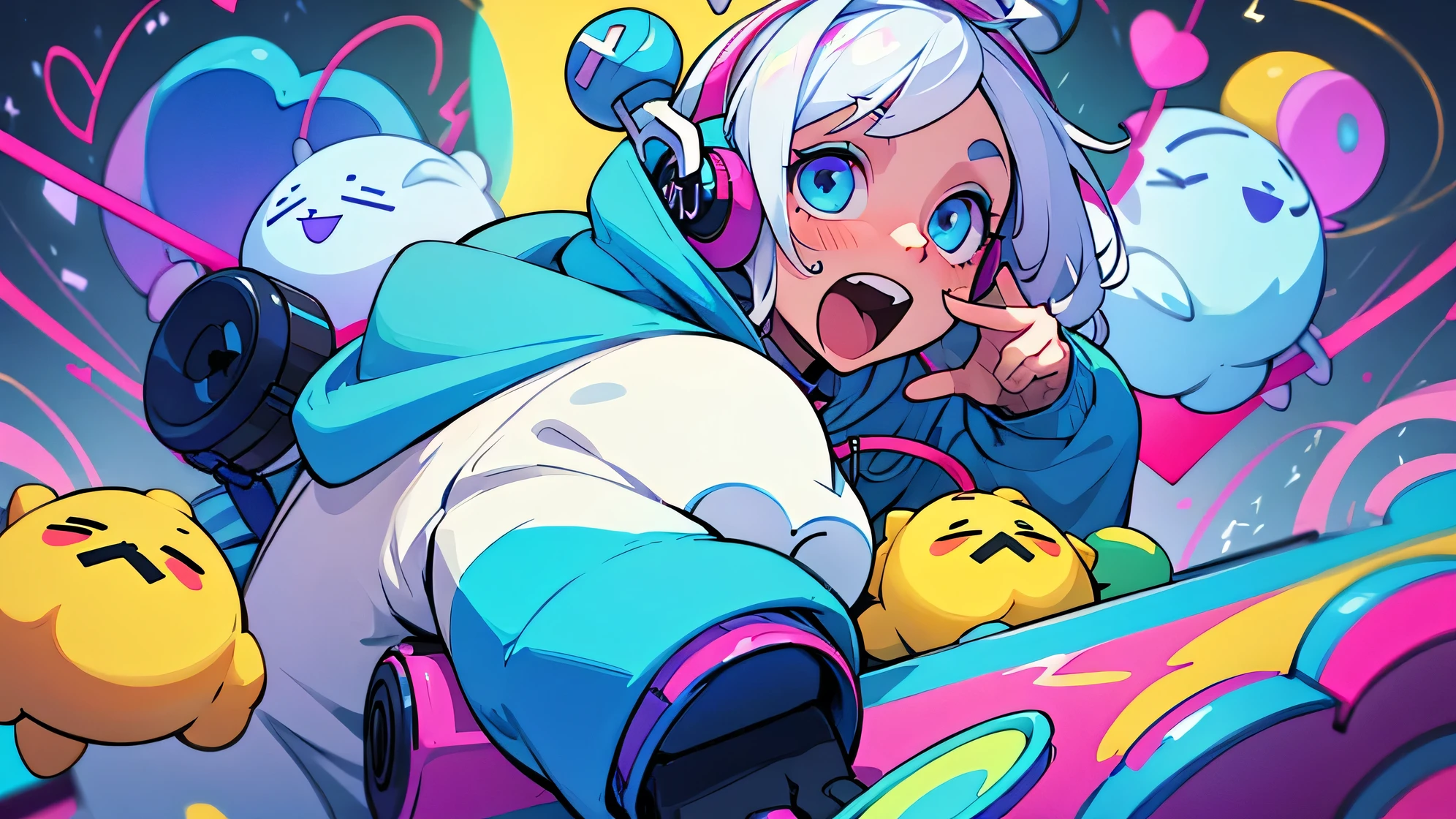 Female gamer participating in an arcade game, sitting inside the machine, arcade game is a tickling machine. arms restrained, ankle restraints, laughing, bristled pads brush her soles.