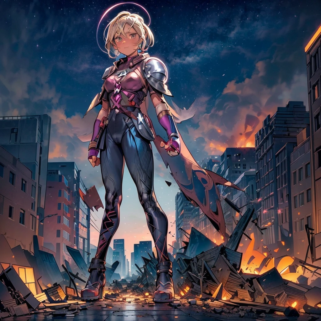 ((((American comic style)))((((X-men)))) ((Marble Super Comics style blonde muscular girl)) Superhero ((cloak)) 1 Girl ((Electric Shock)) ((Explosion)) ((Big Bang)) (((Stars and Stripes pattern full body tights))) cleavage leather belt Guts pose (((Female titan taller than a building)))) ((Destroyed city)) (GTScramped, Giantess: 1.2), Outdoors, Full Body, (Height Difference, Standing Close to Crowd: 1.2) Black smoke fire, fire, flame ((crowd runs away))) Ruins, piles of rubble, battlefields, ground zero, burnt fields Piles of rubble, collapsed buildings, broken cars big city unreal engine,DC Comics dccomics