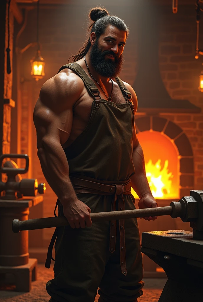 A large, muscular blacksmith、blacksmith、Perfect Body、Highest quality、High resolution、A hard working face