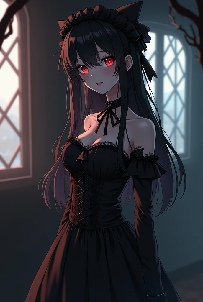 1 girl ,standing in blood sea, bloody body, character focus, ((rape eyes)) , serious face, black hair, long hair, ribbon , black dress, red eyes, glowing eyes ,high resolution,(incredibly absurdres), (hires.fix:1.3),anime visual,extremely detailed CG unity 8k wallpaper, ((masterpiece)), ((top-quality)), (beautiful illustration), ((an extremely delicate and beautiful))
