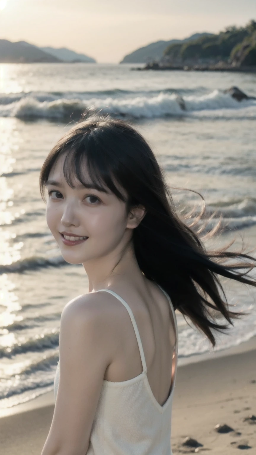 A Japanese woman with a pure and innocent image。Someone with beautiful long hair。She is having fun in a one-piece dress with the sea in the background.