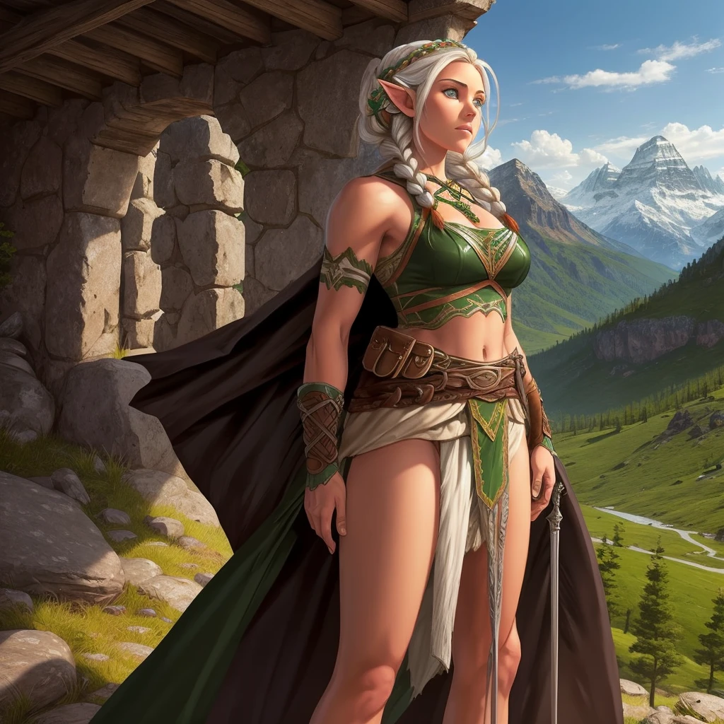 FULL BODY, perfect face, pretty face, elf, 1girl, gritty, mountains, front braid, side braid, white hair, green eyes, brown leather armor, bare arms, (bare stomach),  (bare pelvis) , short cloak,