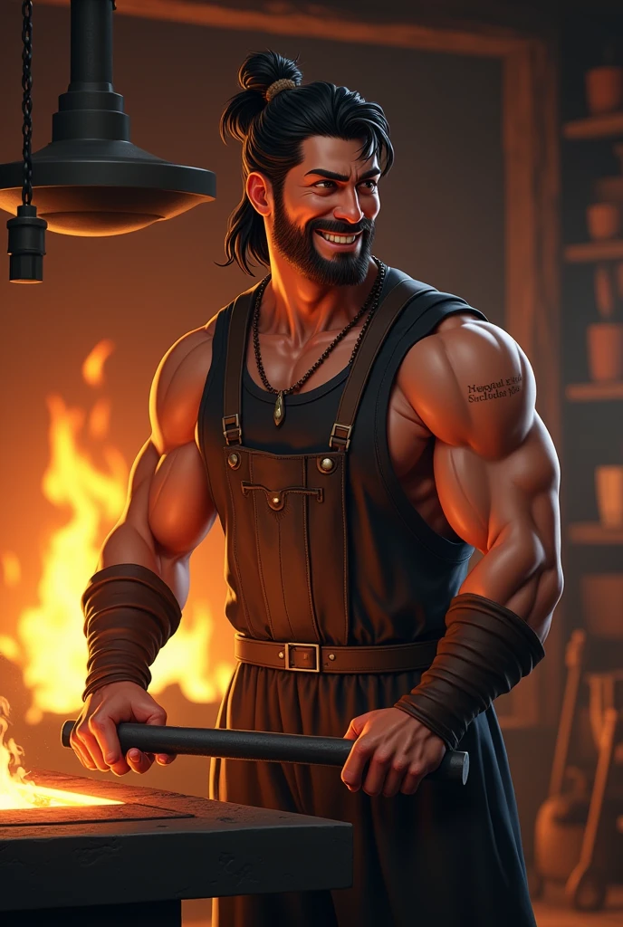Eric Andre as a buff shirtless blacksmith from Dark Souls