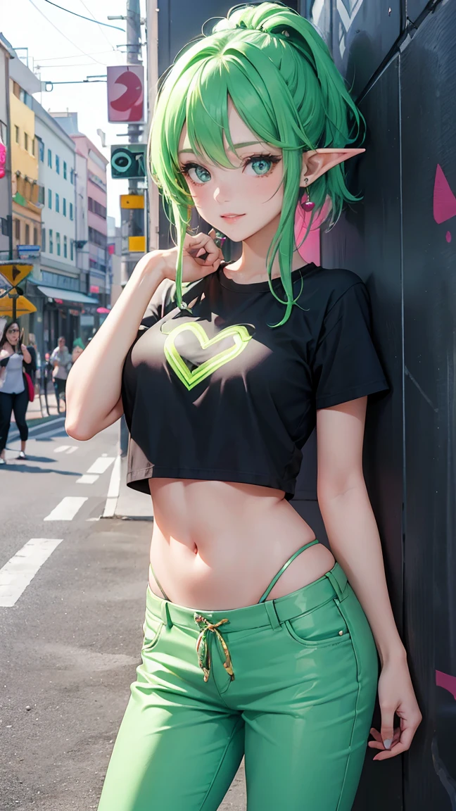 small goblin, girl, green skin, small pointy ears, BLACKLIGHT, ((NSFW)), realistic art, extremely delicate and beautiful, ultra-detailed, (1girl), blue eyes, floating, detailed light, illustration, dynamic angle, depth of field, ((((milf)))), girly, long hair, ((green and black hair, multicoloured hair, green highlights hair, (Ponytail), hair ornament, hair flower, flower, makeup, braid, smile)), vampire eyes, showing fangs, pale white skin, (((best quality, 1girl, (skindentation), (blur background:0.6), in a crowded amusement park, (casual yet stylish, glasses, (Cat ears), ((black shirt, (latex pants), goth boots)), ), gorgeous, (short hair:1.5), soft lighting, wind, (front light:1.5), surprised, choker, smile, jewelry, earrings))), (ultra high res, best quality,), (8k, raw photo, best quality, masterpiece), technological sense, best quality, masterpiece, illustration,CG ,unity ,wallpaper, official art, Amazing, finely detail, an extremely delicate and beautiful,extremely detailed, highly detailed, sharp focus,rich background, (real person,photograph), ((high detailed skin)),