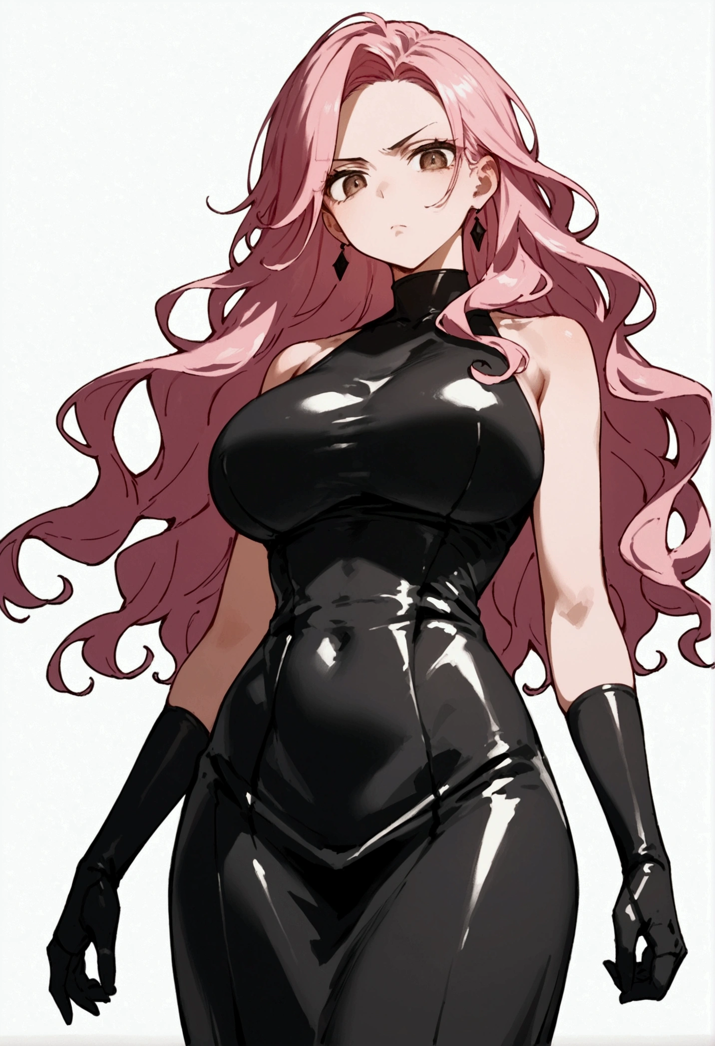 score_9, score_8_up, score_7_up, animated_source, looking at viewer, looking down, 1 girl, alone, big boobs, brown eyes, small eyes, slanted eyes, looking at viewer, serious look, tight black dress, hips, curves, big breasts, pink hair, bare shoulders, white background, metallic peacock feather pattern dress, fashion illustration, wavy hair, loose hair, sleeveless dress,