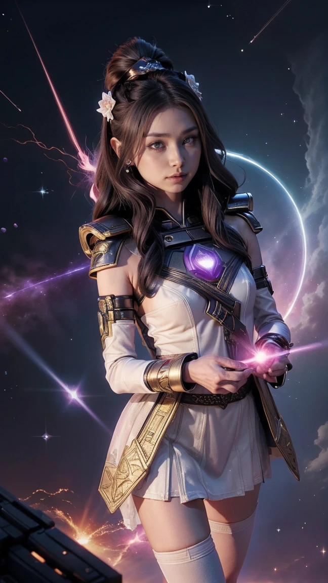 (1girl) inconceivable and spectacular an emergency scene of a cloud figure Sophie Turner in a 宇宙の cloud, フラクタルnebula連鎖, Space Goddess,Embodying the Purple Ray of Courtesy, 8k、Black Hair、A goddess in purple armor with gold trim、White Skirt、White boots、Holding a small knife、Multi-stage laser light、Level division、nebula、The power to select stars、High pass filter、Emitting energy through a prism