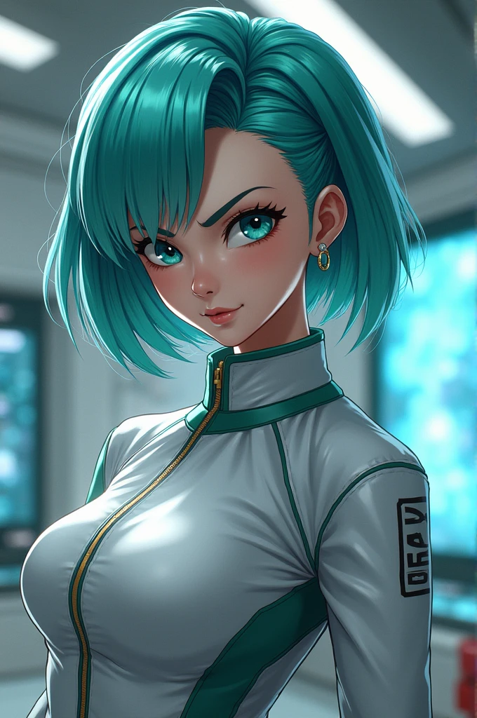 a sexy elite girl, beautiful, tall, wavy light blue hair, short cut, short forehead, her soft green eye, purple eyelashes, she wears a robotic metallic top, a military ship&#39;s aerial suit and pants, a gray military aerial suit&#39;s armor, black gloves, her hand, her back, her elite wing position.