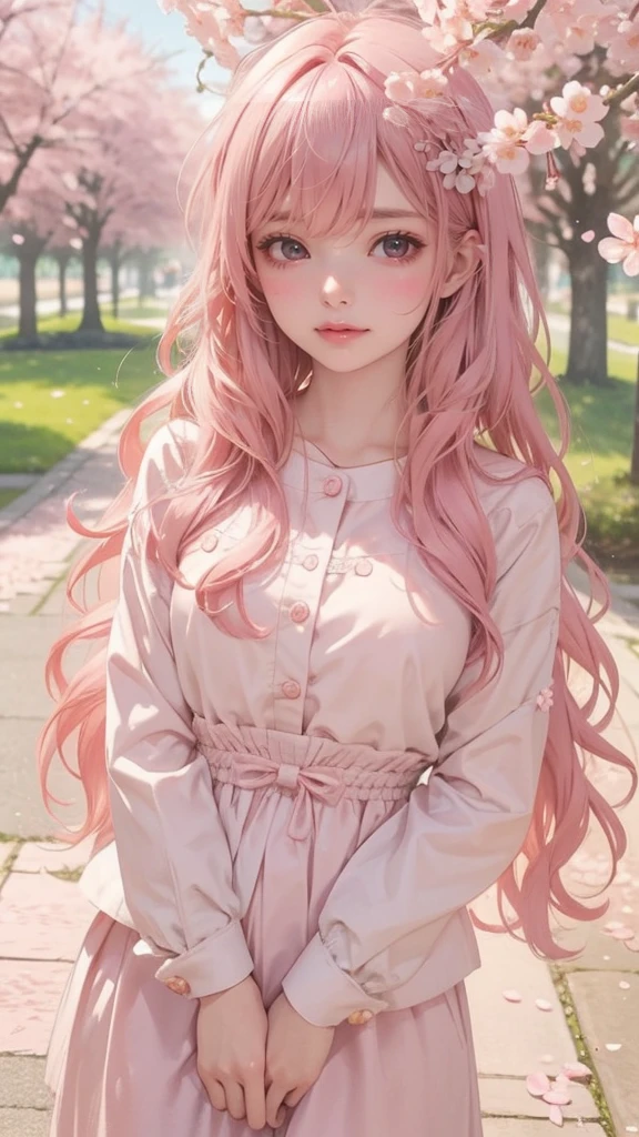 Detailed depiction of a beautiful anime girl with soft, 
Gentle appearance and warm, Cute expression. She should stand in a vibrant, Quiet spring day，A park with cherry blossoms. 
She is long, Wavy hair should be light pink, Dotted with a few cherry blossom petals, She should have a big, Charming eyes radiate warmth and kindness. --Rainbow 5