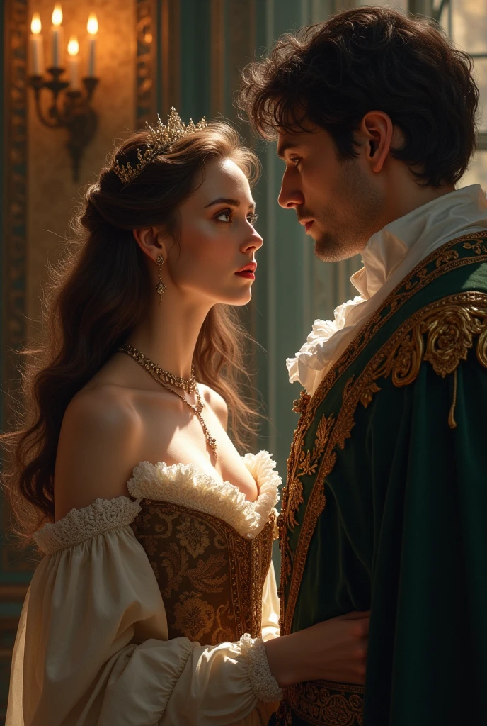 young man talking to a beautiful woman without noticing another person in the middle ages