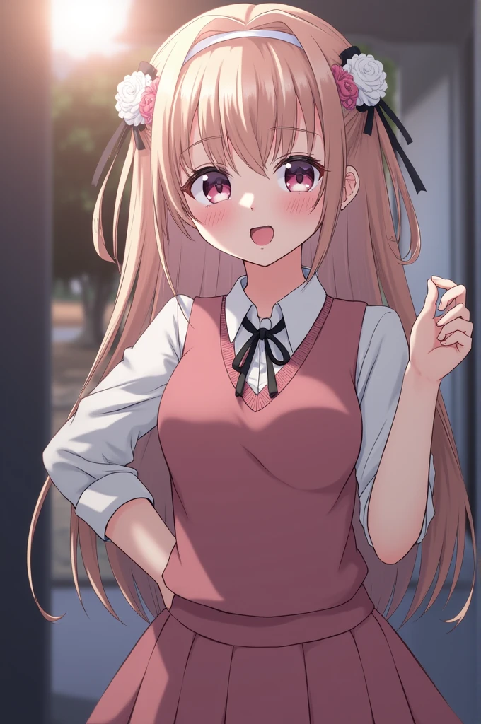 <lora:M1neR1k0-000028:1:OG3>M1neR1k0, M1neR1Uni,(hair),brown eyes,1girl, solo, long hair, skirt, blonde hair, long sleeves, bow, ribbon, very long hair,hair ribbon, pleated skirt, frills, red skirt, breast,bow,two side up,frills skirt,tongue out,<lora:felges1:1:ALLTW>(ok sign)from back, finger around tongue,looking at viewer