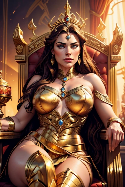 best quality, masterpiece, highres, photo realistic, ultra realistic, sun tyndall effect,photorealistic, dark studio, rim lighting, tone lighting,(high detailed skin:), 8k uhd, dslr, soft lighting, high quality, volumetric lighting, (((midriff exposed))), candid, photograph, high resolution, 4k, 8k, bokeh, ultra realistic 8k cg, (epic:, perfect artwork, masterpiece, ancient dynasty, medieval, fantasy), (((detailed background))), 20yo queen, abs, (A stunning God-like beauty), (striking facial features, detailed hair) dynamic angle, (((throne room))), amazing stunningly beautiful, sitting on throne, wavy shiny hair, golden wet skin shining, full body portrait, glamour, perfect soft curves, perfect body, perfect boobs, ultra realistic,
