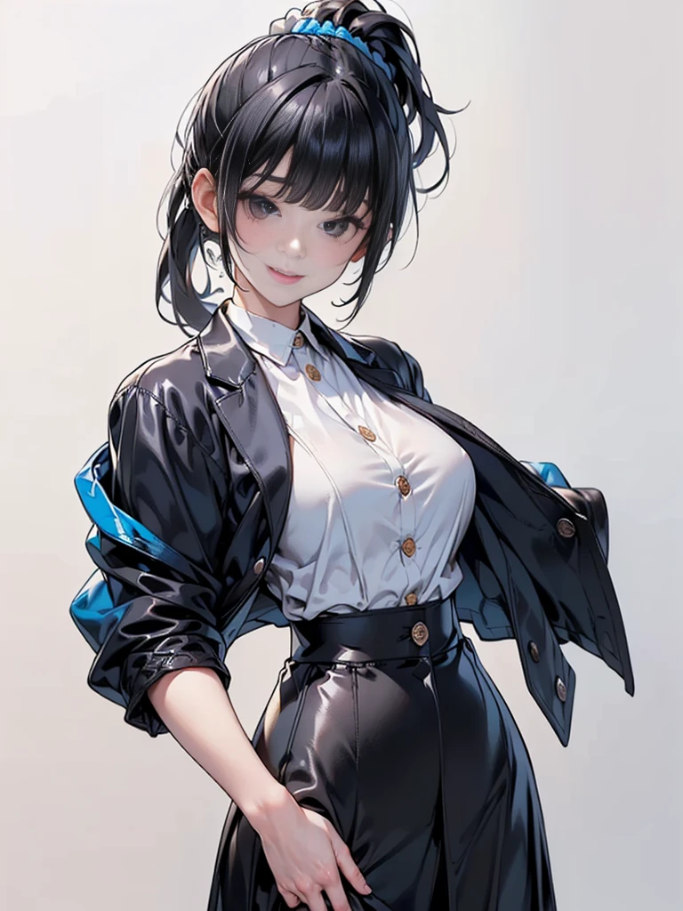 Masterpiece,best quality,独奏,1 beautiful Japanese girl,1,(sparkling black eyes,big eye),(pale skin),(black hair,blunt bangs,(short ponytail:1.2),(high ponytail:1.2),hair length to shoulder,voluminous hair,hair held up with a blue scrunchie:1.5),(big breasts:1.2),(smile:1.2),(In woolen suit, formal suit, black tailored jacket,(Tailored jacket, first button closed:1.2),white blouse,semi-long black tight skirt:1.5),standing,(Plain background:1.2),(face focus:1.5)