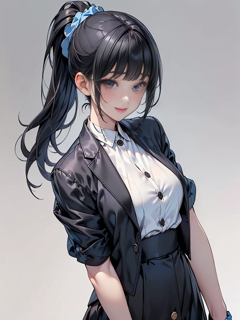 Masterpiece,best quality,独奏,1 beautiful Japanese girl,1,(sparkling black eyes,big eye),(pale skin),(black hair,blunt bangs,(short ponytail:1.2),(high ponytail:1.2),hair length to shoulder,voluminous hair,hair held up with a blue scrunchie:1.5),(big breasts:1.2),(smile:1.2),(In woolen suit, formal suit, black tailored jacket,(Tailored jacket, first button closed:1.2),white blouse,semi-long black tight skirt:1.5),standing,(Plain background:1.2),(face focus:1.5)