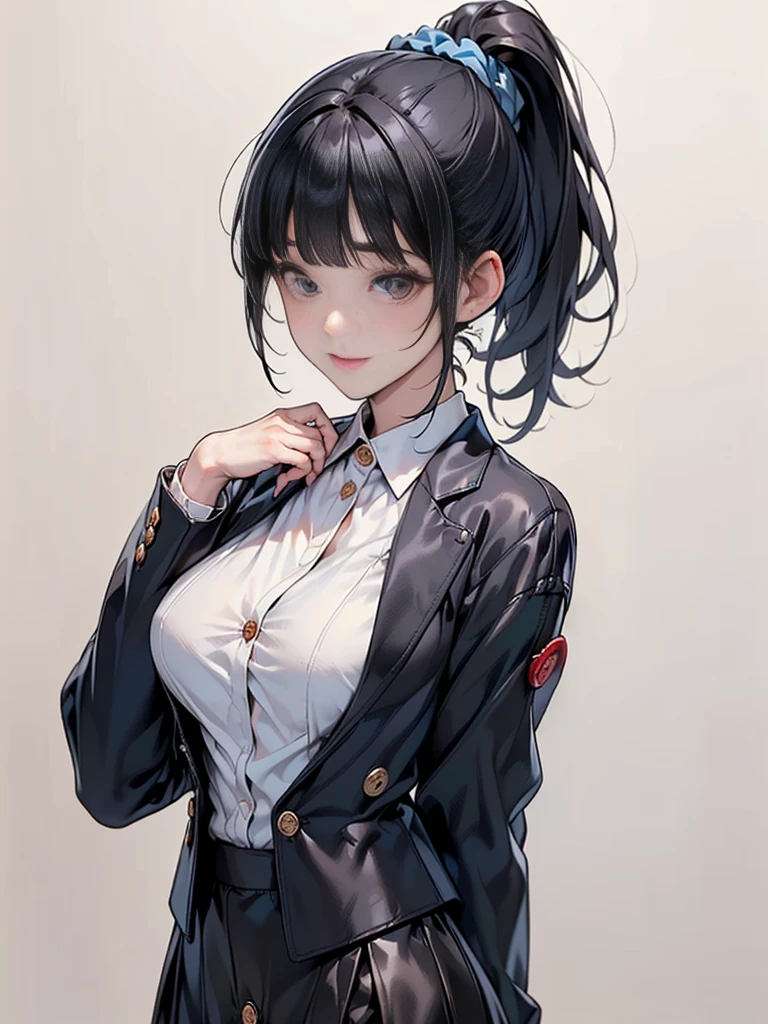 Masterpiece,best quality,独奏,1 beautiful Japanese girl,1,(sparkling black eyes,big eye),(pale skin),(black hair,blunt bangs,(short ponytail:1.2),(high ponytail:1.2),hair length to shoulder,voluminous hair,hair held up with a blue scrunchie:1.5),(big breasts:1.2),(smile:1.2),(In woolen suit, formal suit, black tailored jacket,(Tailored jacket, first button closed:1.2),white blouse,semi-long black tight skirt:1.5),standing,(Plain background:1.2),(face focus:1.5)