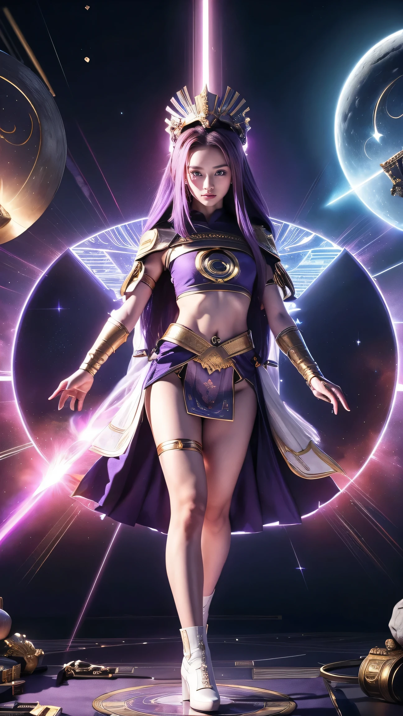 (1girl) inconceivable and spectacular an emergency scene of a cloud figure Sophie Turner in a 宇宙の cloud, Fractal nebula chain, Space Goddess,Embodying the Purple Ray of Courtesy, 8k、Photograph the whole body、、A goddess in purple armor with gold trim、White Skirt、White boots、Holding a small knife、Multi-stage laser light、Level division、nebula、The power to select stars、High pass filter、Emitting energy through a prism