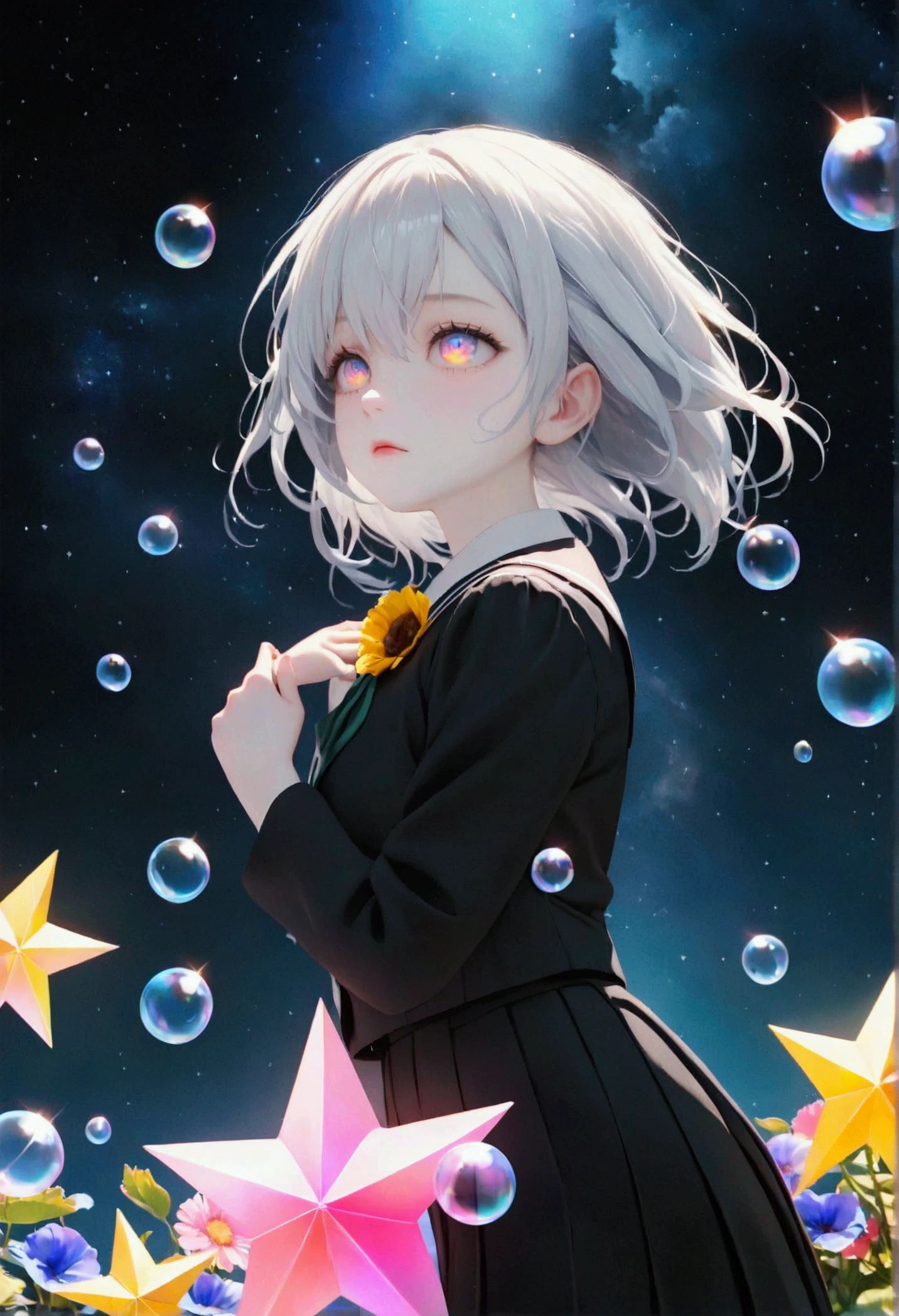 masterpiece, best quality, diamond, multicolored hair, multicolored eyes, black shirt, elbow gloves, necktie, short shorts, belt, white thighhighs, cowboy shot, night, night sky, stars, from side, looking at viewer, wide eyes, surprised, hands to chest <lora:diamond-nvwls-v1-000012:0.9>