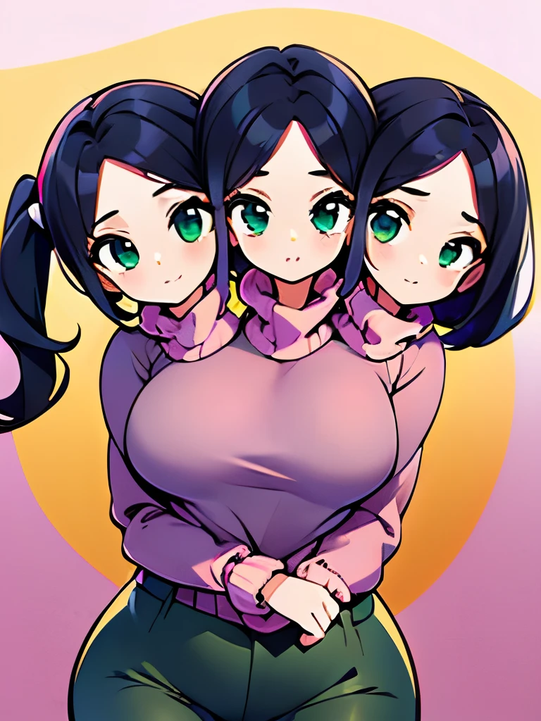 (masterpiece),(ultra-detailed), (high quality), (high resolution), (best quality:1.5, highres, UHD), highres, absurdo, ultra detail, ultra quality, Ultra resolution, 16k, 1girl, (2heads:1.5), girl with two heads, ((black hair)), pink turtleneck sweater, ((ponytail)), teenage girl, green pants,
